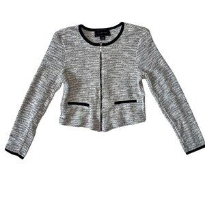 Metaphor Womens XS Tweed Knit Crop Jacket With Zipper Front & Black Trim Accents